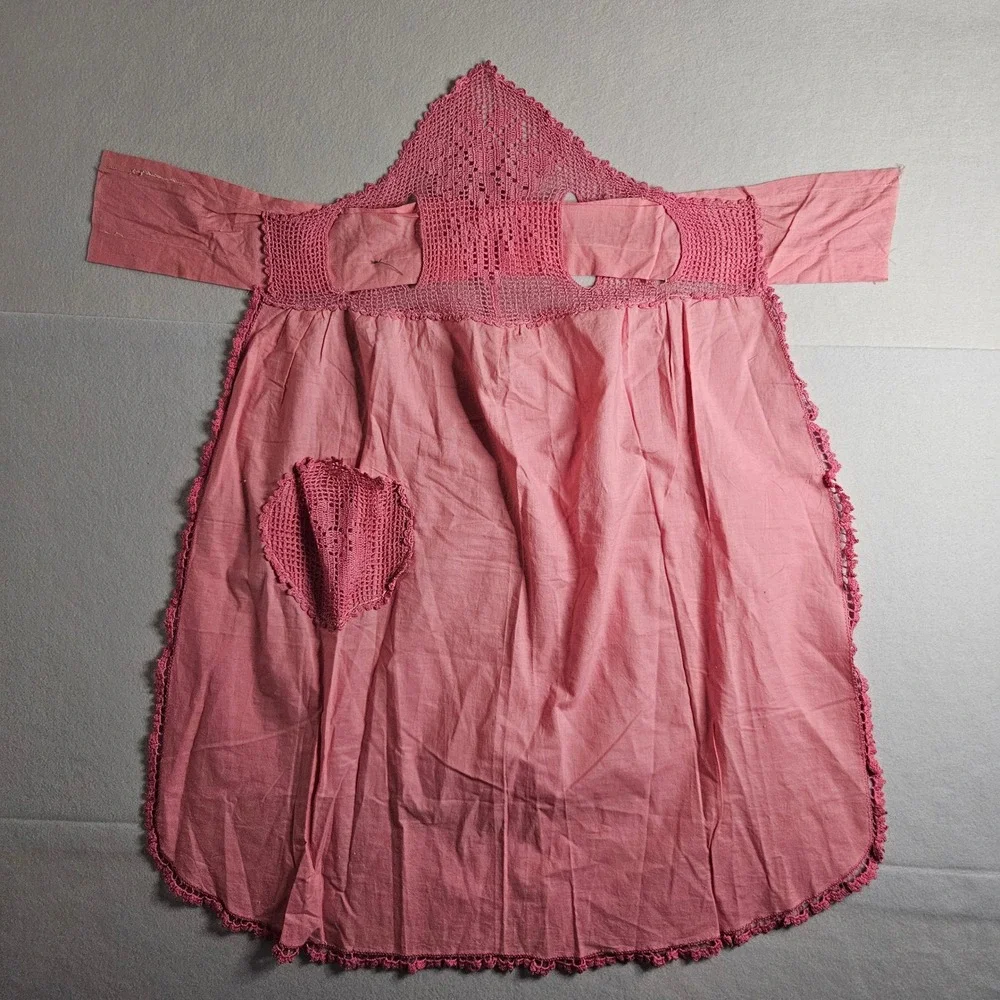 Vintage Pink Handmade Crochet Lace Half Apron with Pocket Scalloped Trim
